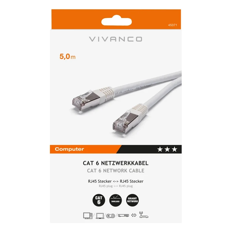 VIVANCO Hochwertiges CAT6 Netzwerkkabel, 5m, RJ45 Stecker, geschirmt, S/FTP, bis 250 MHz, halogenfrei, für Gigabit-Ethernet