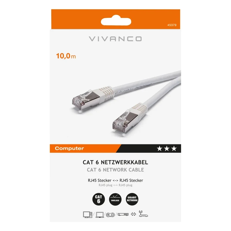 VIVANCO Hochwertiges CAT6 Netzwerkkabel, RJ45 Stecker, Geschirmt, 10m, für Gigabit Netzwerke, bis 250 MHz