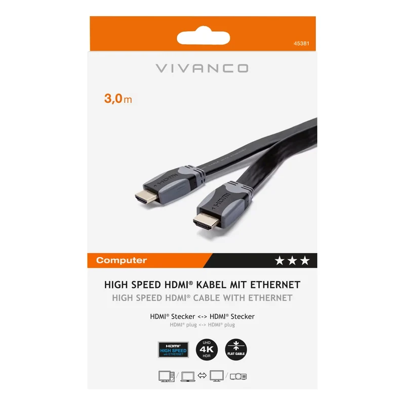 VIVANCO Hochwertiges HDMI Flachbandkabel, 3m, High Speed mit Ethernet, 4K, 3D, Audio Rückkanal, HDMI Stecker, voll geschirmt