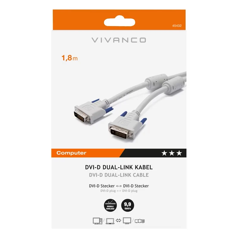 VIVANCO Hochwertiges DVI-D Anschlusskabel 1,8m, kompatibel mit Dual Link Geräten, 9,9 Gbit, vollgeschirmt, schwarz