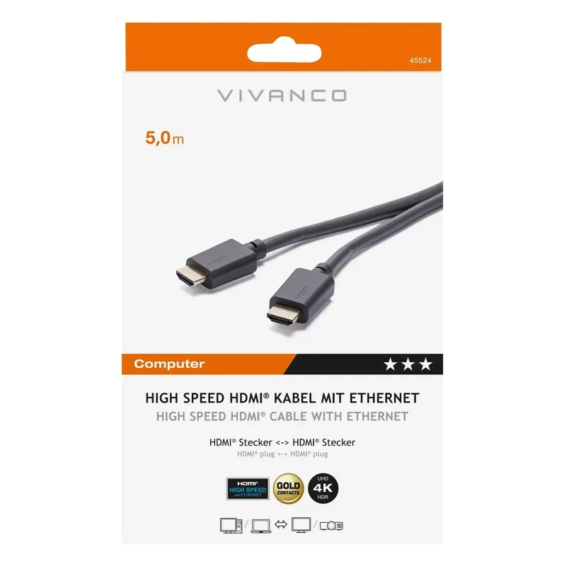 VIVANCO Hochwertiges HDMI Kabel mit Ethernet, vergoldet 4K/3D, 4K für maximale Auflösungen, HDMI 2.0 Spezifikation, Schwarz, 5m