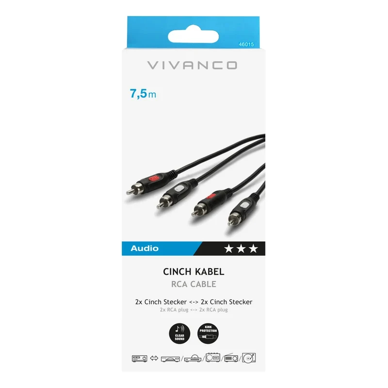 VIVANCO Hochwertiges Cinch Kabel, kompatibel mit Audio Geräten, 2x Cinch Stecker beidseitig, geschirmt, beste Tonqualität, 7,5m