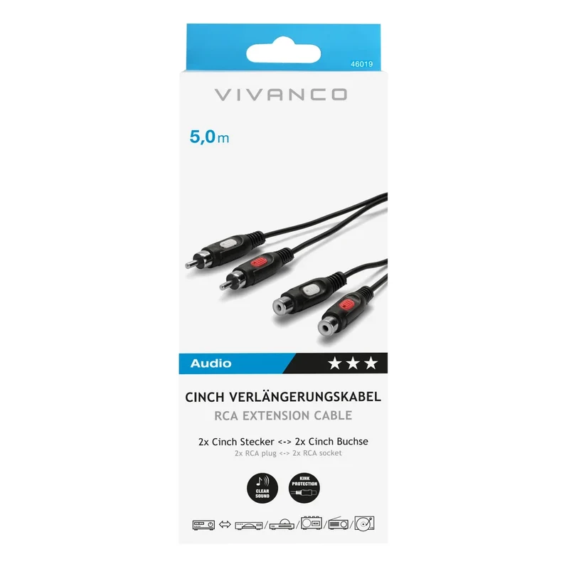 VIVANCO Hochwertiges Cinch Verlängerungskabel, 5m, 2x Cinch Stecker auf 2x Cinch Buchse, geschirmt, für klaren Stereosound