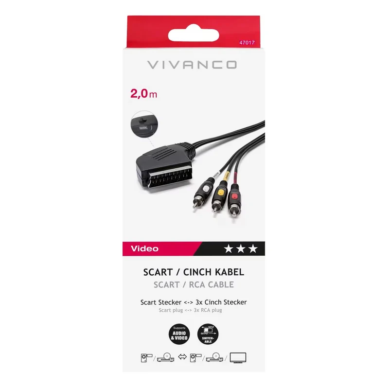 VIVANCO Scart auf Cinch Kabel 2m, IN/OUT, umschaltbare Übertragungsrichtung, hochwertiges Audio Video Kabel