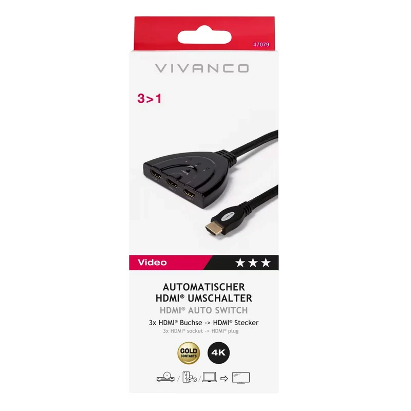 VIVANCO HDMI Switch automatischer, Hochwertiger HDMI 1.3 mit 3x HDMI Eingängen und 24 Karat vergoldeten Kontakten, inklusive 0,8m Anschlusskabel