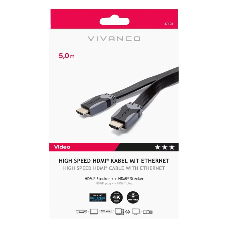 VIVANCO HDMI Flachbandkabel 5m 4K – High Speed, 3D, Ethernet, ARC, 24K vergoldet, DVI kompatibel für TV und Beamer