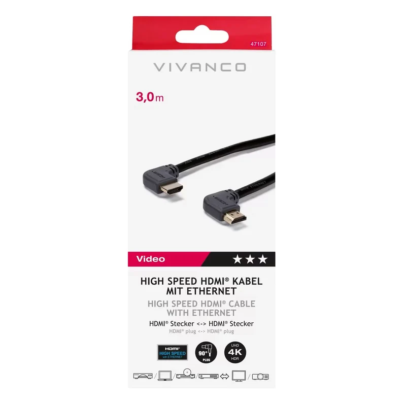 VIVANCO HDMI Kabel 4K mit Winkelstecker 3m - High Speed mit Ethernet, ARC, 3D, vergoldete Kontakte