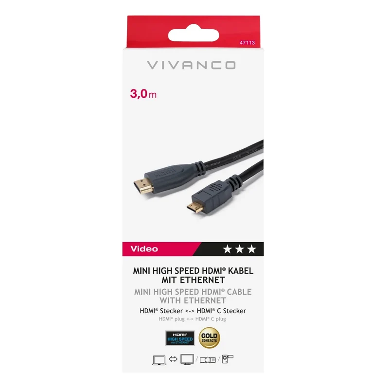 VIVANCO Mini HDMI Kabel 4K 3m - Ultimative UHD HDR Kompatibilität mit Ethernet, langlebig in Schwarz
