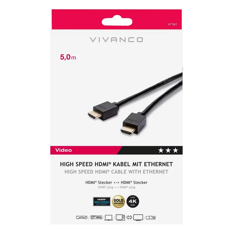 VIVANCO HDMI Kabel 5m mit Ethernet, 4K, 3D, ARC, HDMI 2.0, vergoldet und abwärtskompatibel