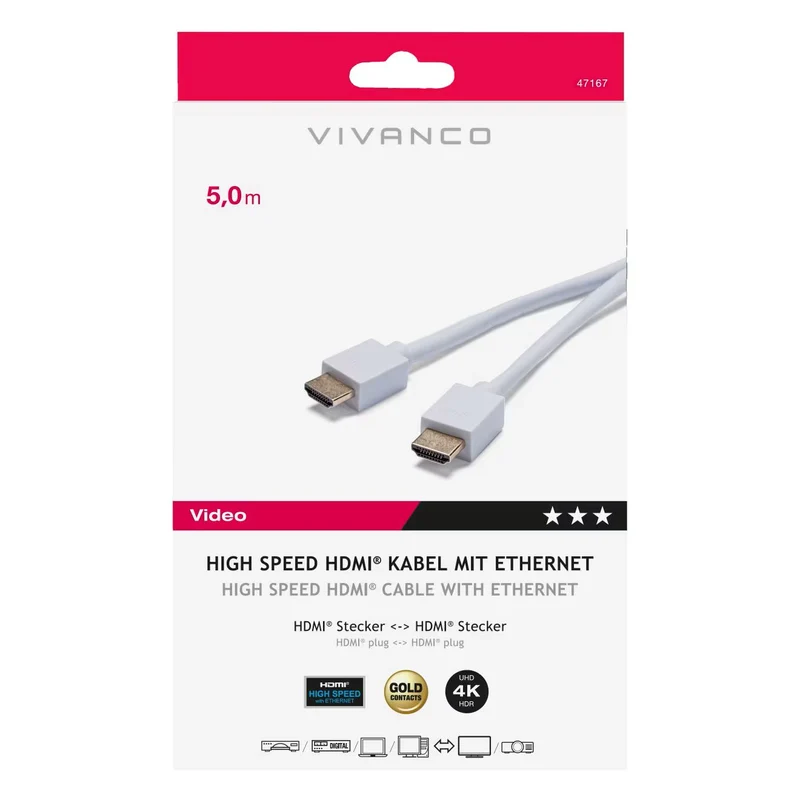 VIVANCO HDMI Kabel 5 m 4K – Hochwertiges High Speed Kabel mit 3D, ARC, Ethernet und vergoldeten Kontakten
