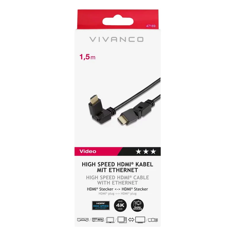 VIVANCO HDMI Kabel 4K mit 360° drehbaren Steckern, 1,5m, Hochgeschwindigkeit, UHD, HDR, vergoldete Kontakte und Ethernet