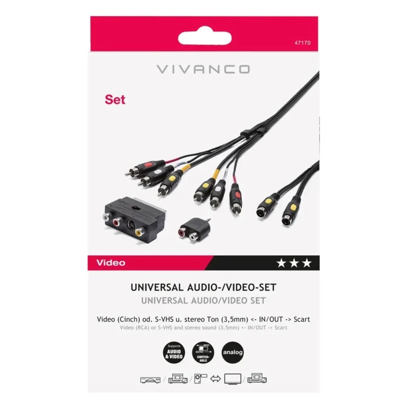 VIVANCO Audio Video Verbindungsset 2m – Ultimatives Set, kompatibel mit Scart, Cinch, S-VHS, Klinke und mehr