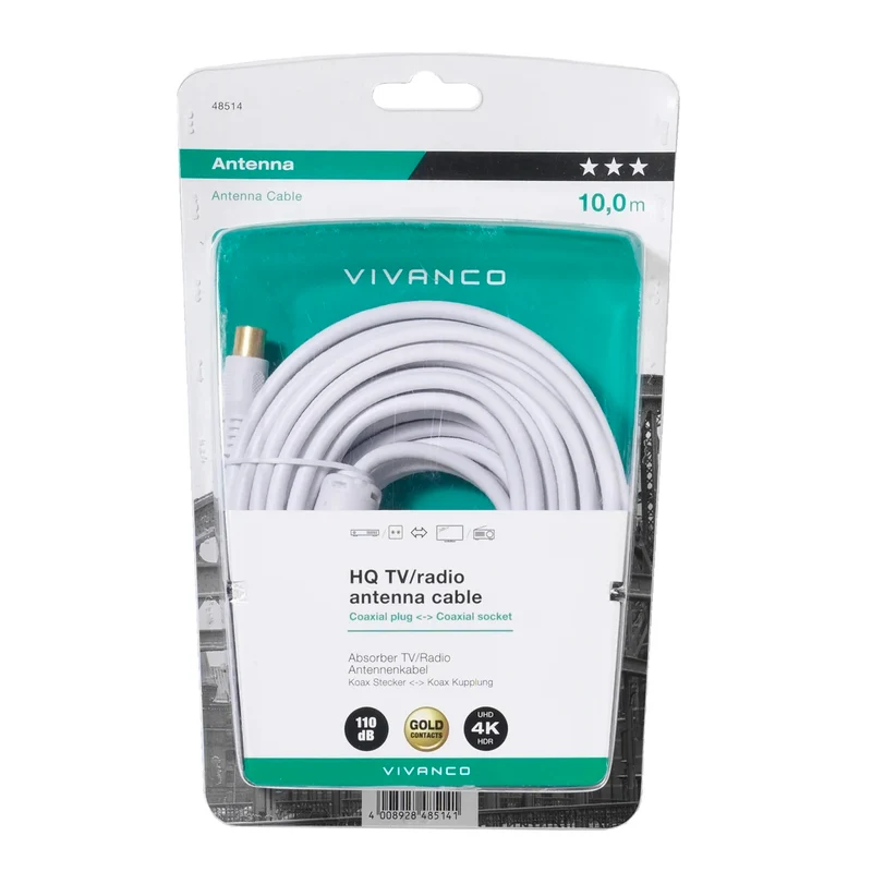 Vivanco Antennenkabel 10m, Hochwertiges 110 dB, Dreifach geschirmt mit Ferritkern für besten digitalen TV-Genuss