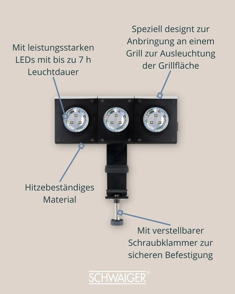 Grill-Leuchte mit beweglichen LED-Stahlern