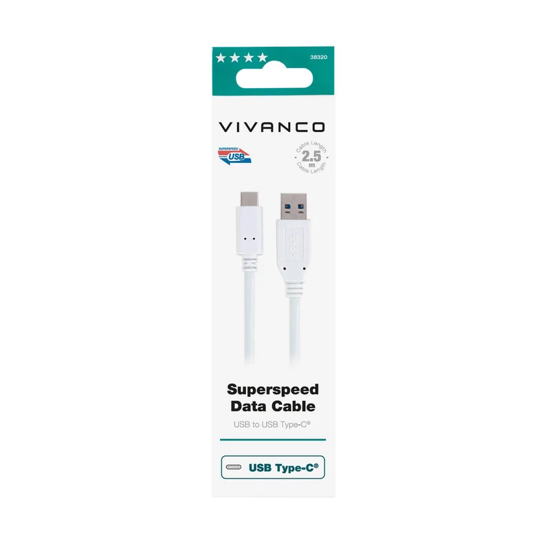 VIVANCO USB Type-C Kabel 2.5m - Schnellladen und Super Speed Datenübertragung 5 Gbit/s, USB-A Stecker