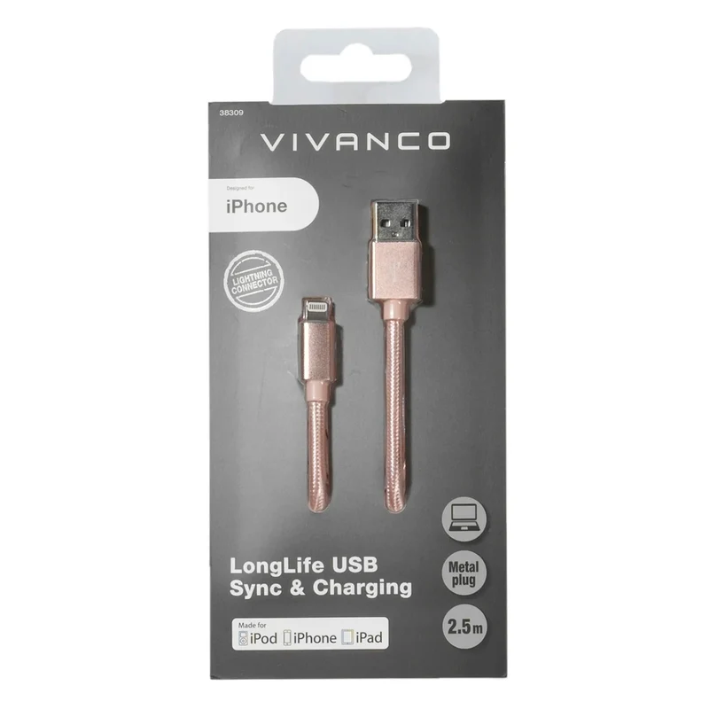 VIVANCO Aufladekabel Apple 2,5 m - Nylon, Schnellladen, MFI-zertifiziert, Rosa