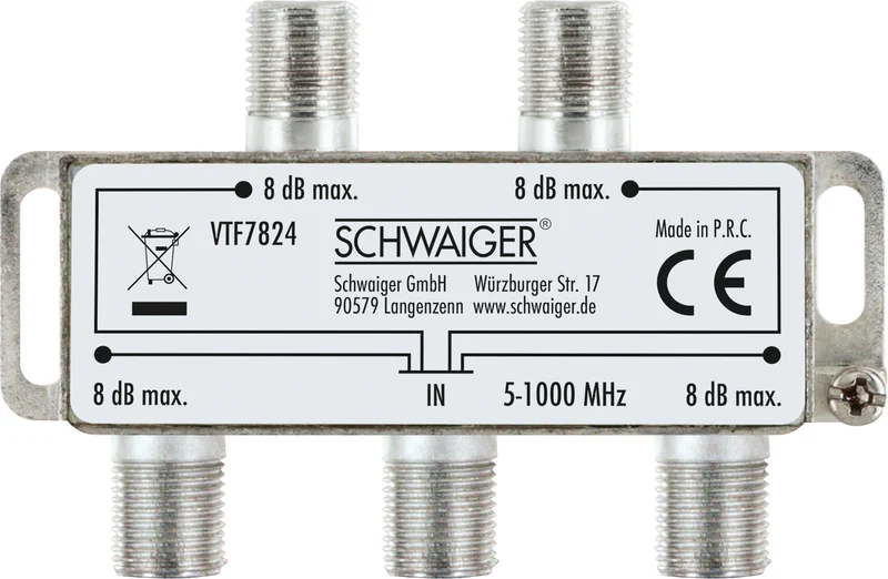 Verteiler 4-fach für Antennen- und Kabelanlagen 8 dB