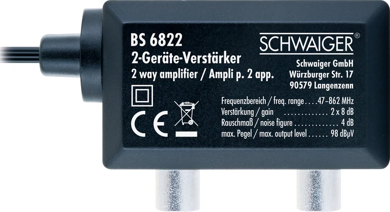 Zweigeräteverstärker für Antennenanschlüsse 2x 8 dB