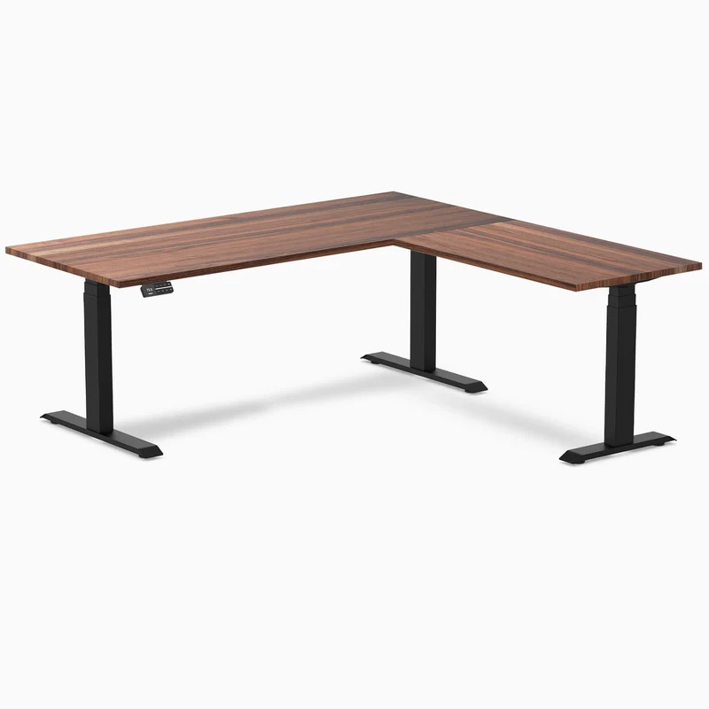 Desky Hardwood L-Shape Sit Stand Desk 180 x 175 cm Walnut Top and Matte Black Leg
