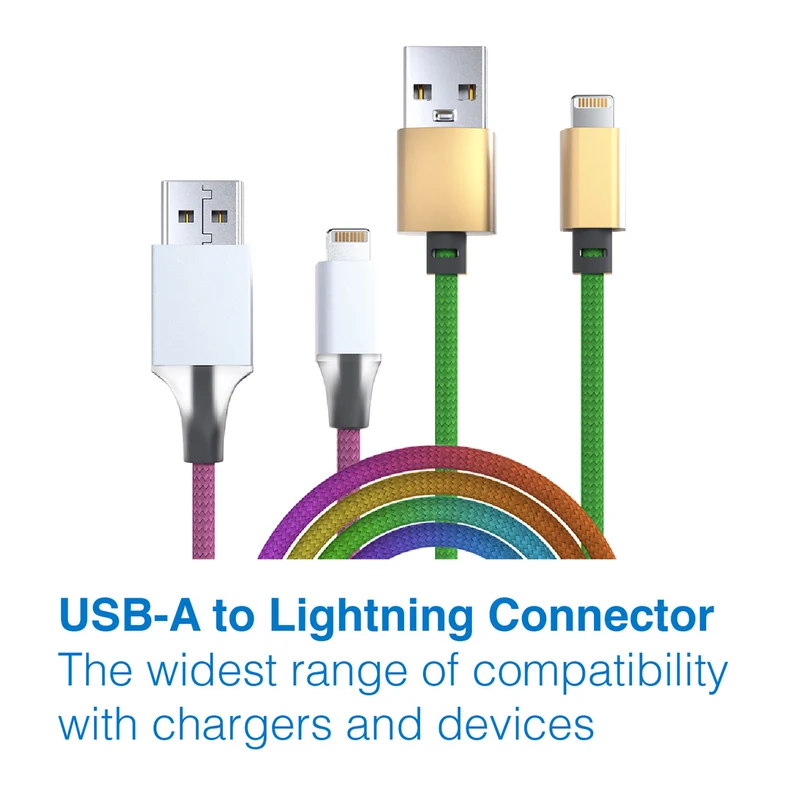 Laser 2m (2-pack) MFi Lightning to USB-A Cable Nylon Braid (Rainbow)
