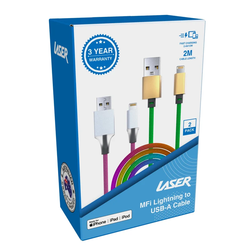 Laser 2m (2-pack) MFi Lightning to USB-A Cable Nylon Braid (Rainbow)