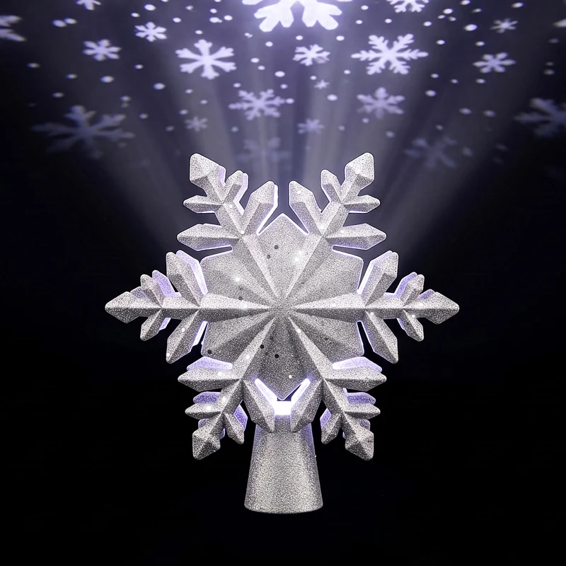 Jingle Jollys Christmas Tree Topper Lighted 360° Rotating Snowflake Projector Silver Glitter