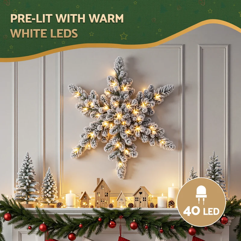Jingle Jollys 60cm Flocked Snowflake Christmas Wreath Garland Pre-Lit 40 LED Light Decor