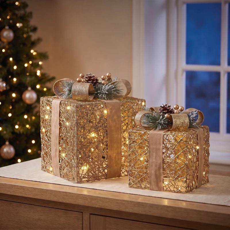 Set of 2 Light Up Christmas Gift Boxes Champagne Gold Battery Operated Warm White LED Present Decorations 35cm 28cm