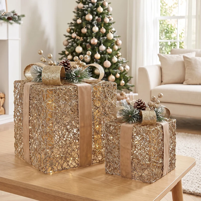 Set of 2 Light Up Christmas Gift Boxes Champagne Gold Battery Operated Warm White LED Present Decorations 35cm 28cm