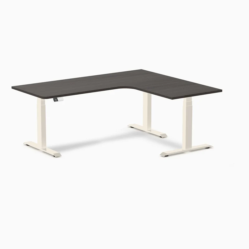 Desky L-Shape Melamine Sit Stand Desk 180cm - Right Return Burnished Wood Top and Wheat Leg