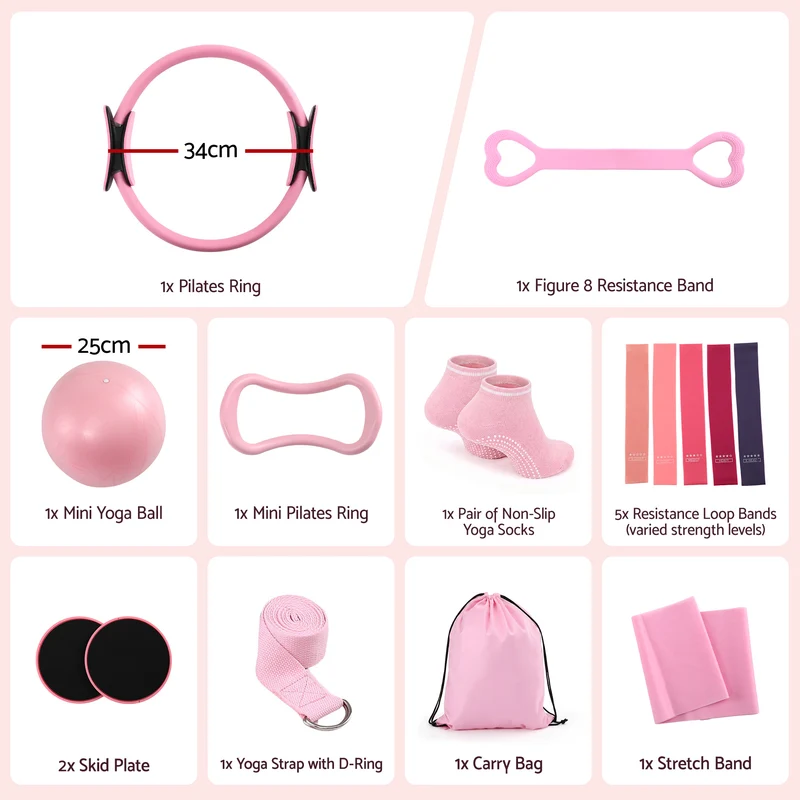 Everfit Pilates Ring Set for Women, 15pcs Home Workout Pilates Equipment Pink