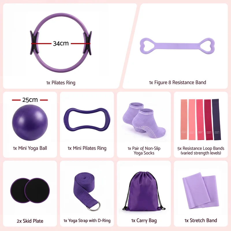 Everfit Pilates Ring Set for Women, 15pcs Home Workout Pilates Equipment Purple