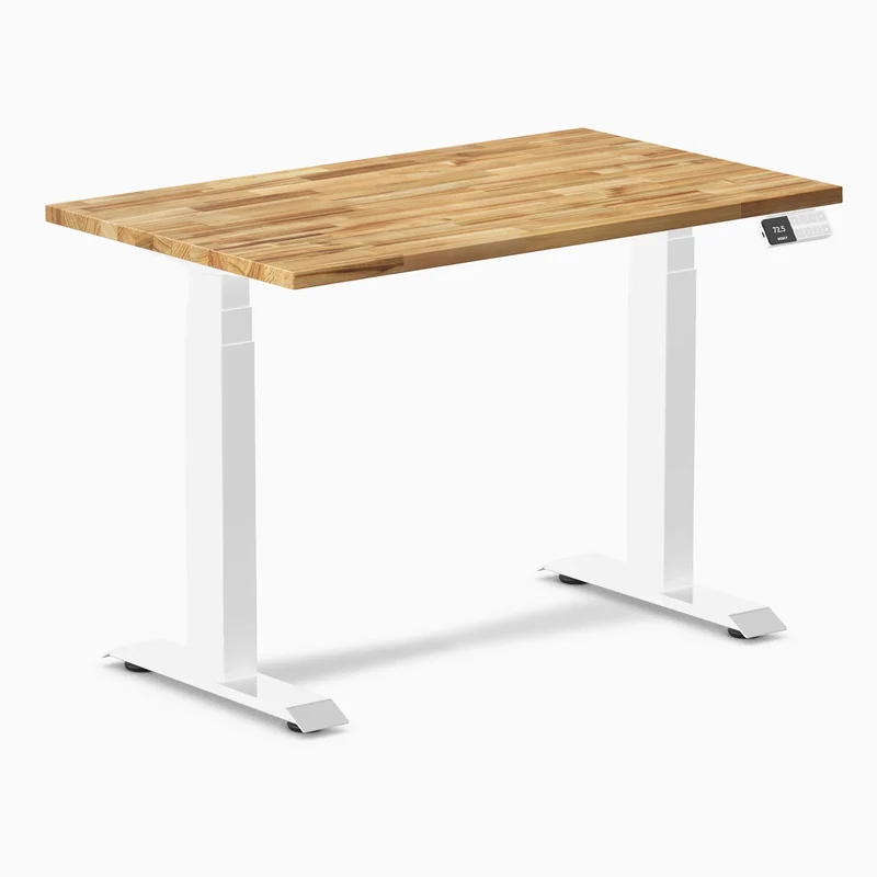 Desky Dual Mini Hardwood Sit Stand Desk 100cm Acacia Desktop and White Frame