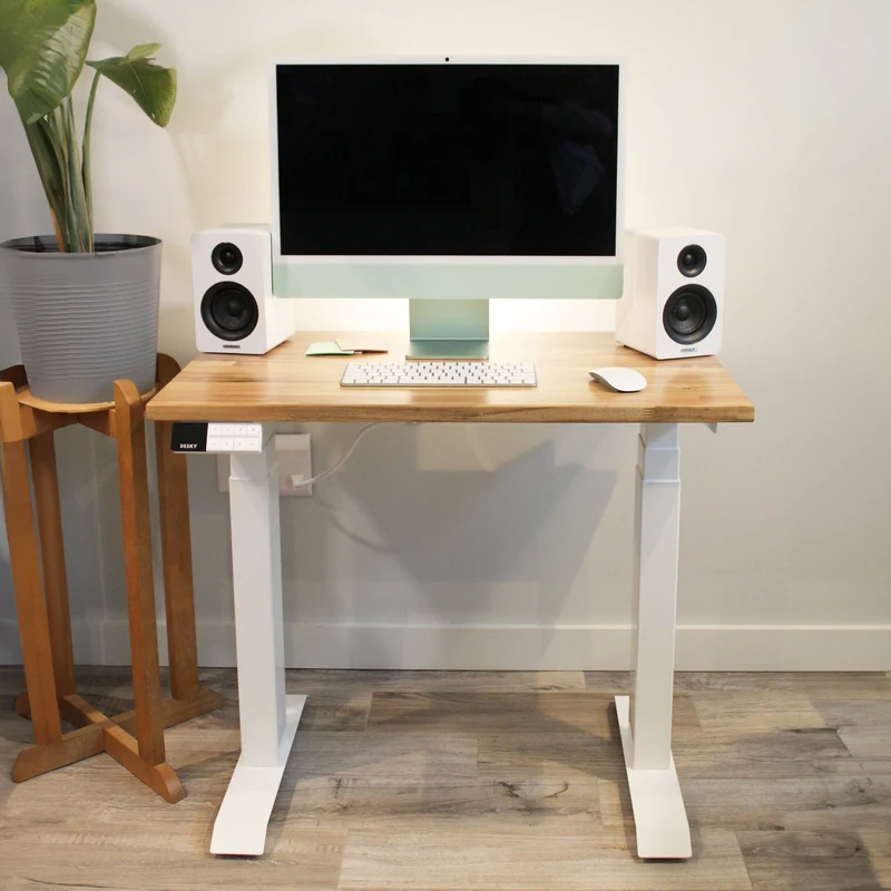 Desky Dual Mini Hardwood Sit Stand Desk 100cm Acacia Desktop and White Frame