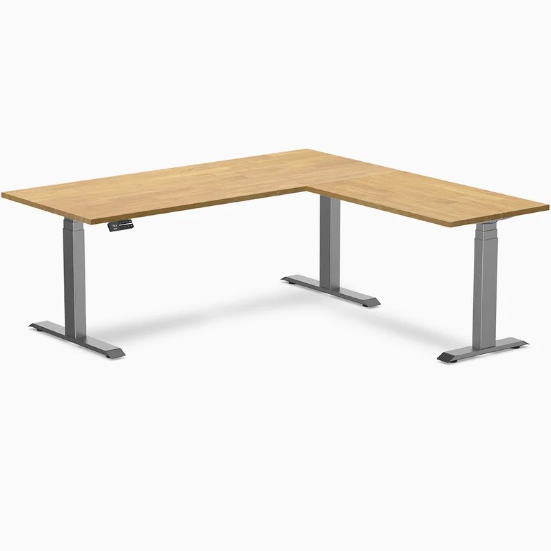 Desky Rubberwood L-Shape Sit Stand Desk 180 x 175 cm Light Oak Top and Space Grey Leg