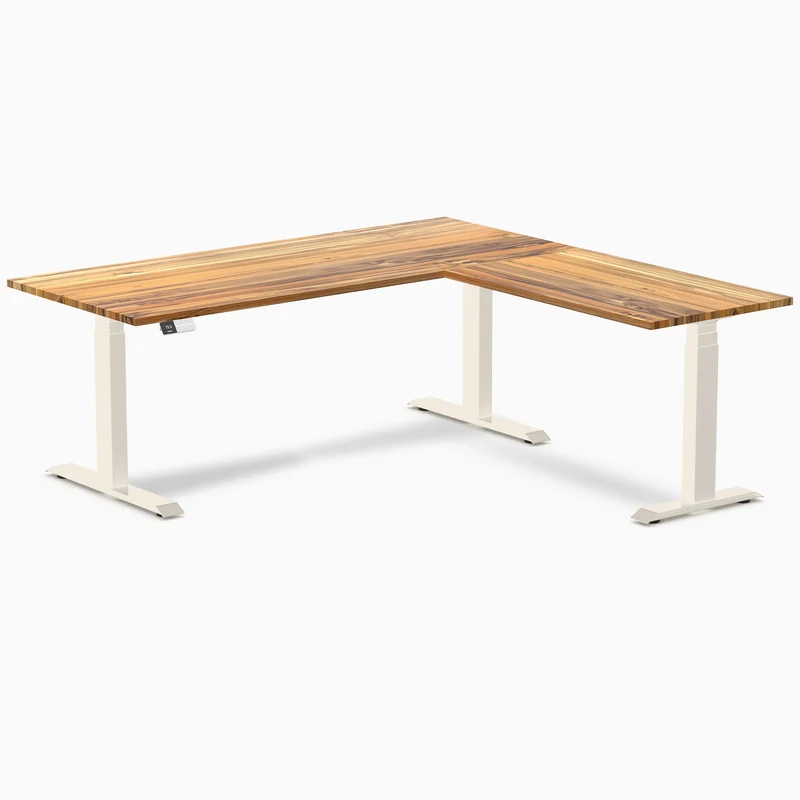 Desky Hardwood L-Shape Sit Stand Desk 180 x 175 cm Teak / Wheat Top and Wheat Leg