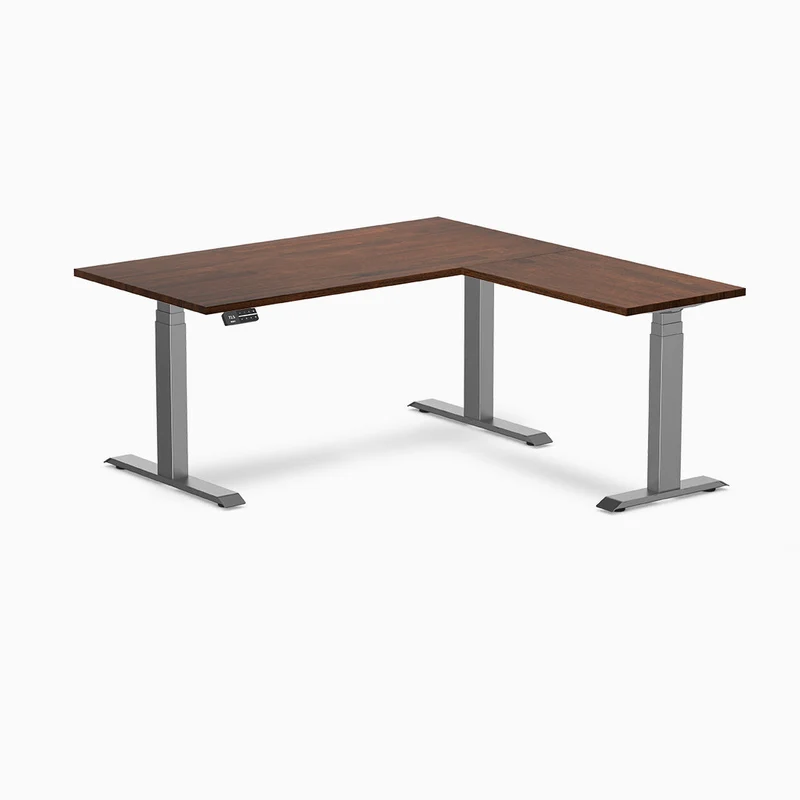Desky Rubberwood L-Shape Sit Stand Desk 180 x 175 cm Light Oak Top and Wheat Leg