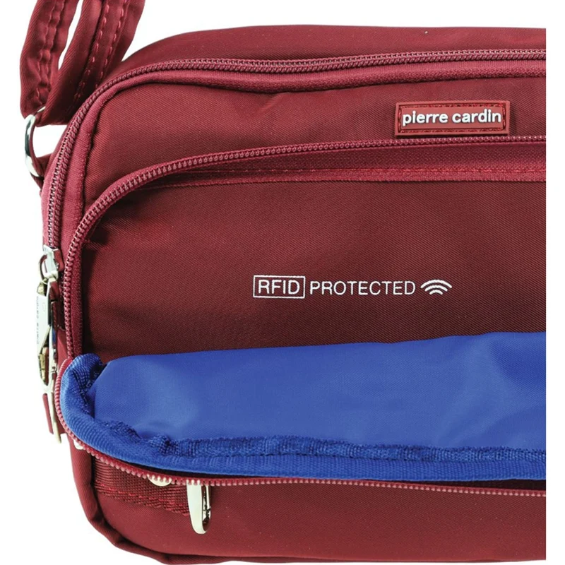 Pierre Cardin Nylon Anti-Theft Cross Body Bag Locking Strap RFID Blocking Wine