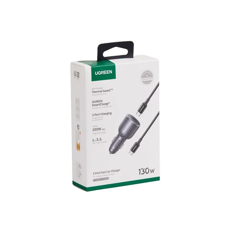 UGREEN 130W 3-Port Fast Car Charger with 100W Cable
