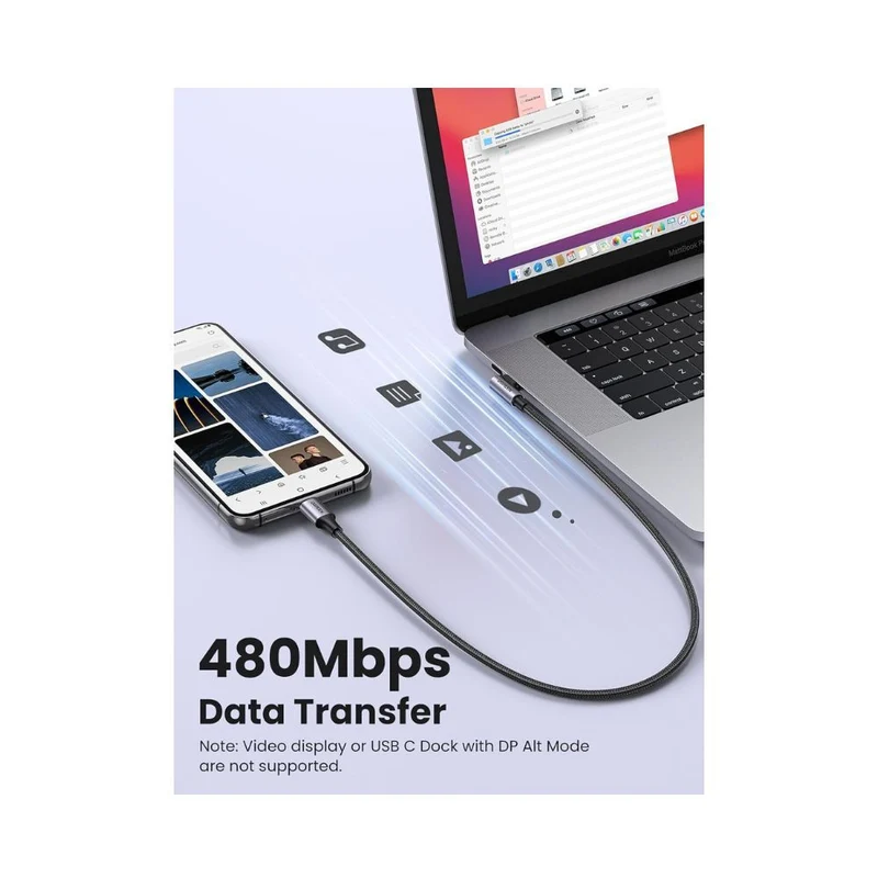 UGREEN 90 Degree Angle USB-C Male to USB-C Male 60W Braided Cable 1m