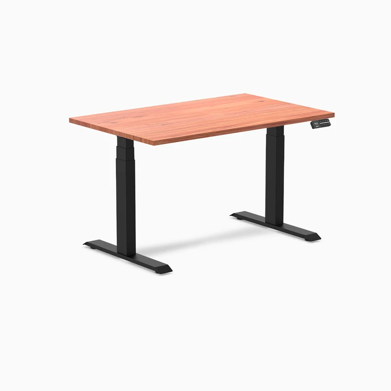 Desky Dual Softwood Sit Stand Desk 120cm Red Cedar Desktop and Matte Black Frame