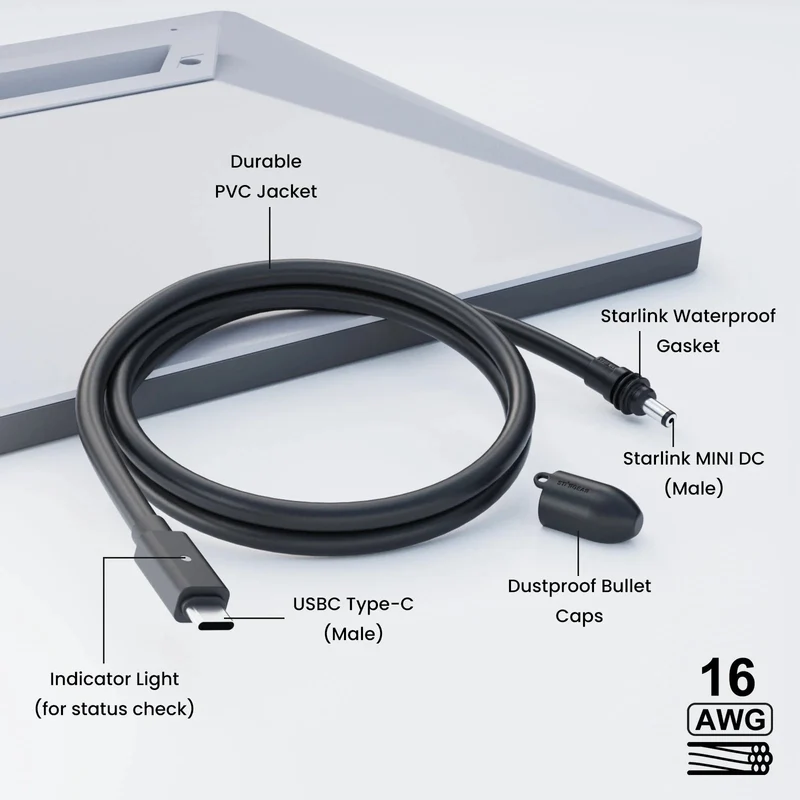 STARGEAR Mini 140W USB-C to DC Power Cable with LED for Starlink Mini 2m / 5m