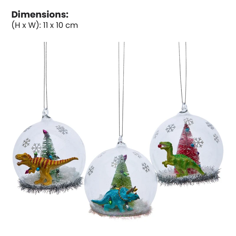 Christabelle 3 Glass Dome Christmas Ornaments Dinosaur Novelty Figures 11cm Xmas Tree Decorations Hanging Baubles