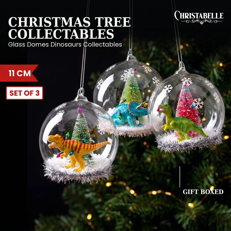 Christabelle 3 Glass Dome Christmas Ornaments Dinosaur Novelty Figures 11cm Xmas Tree Decorations Hanging Baubles