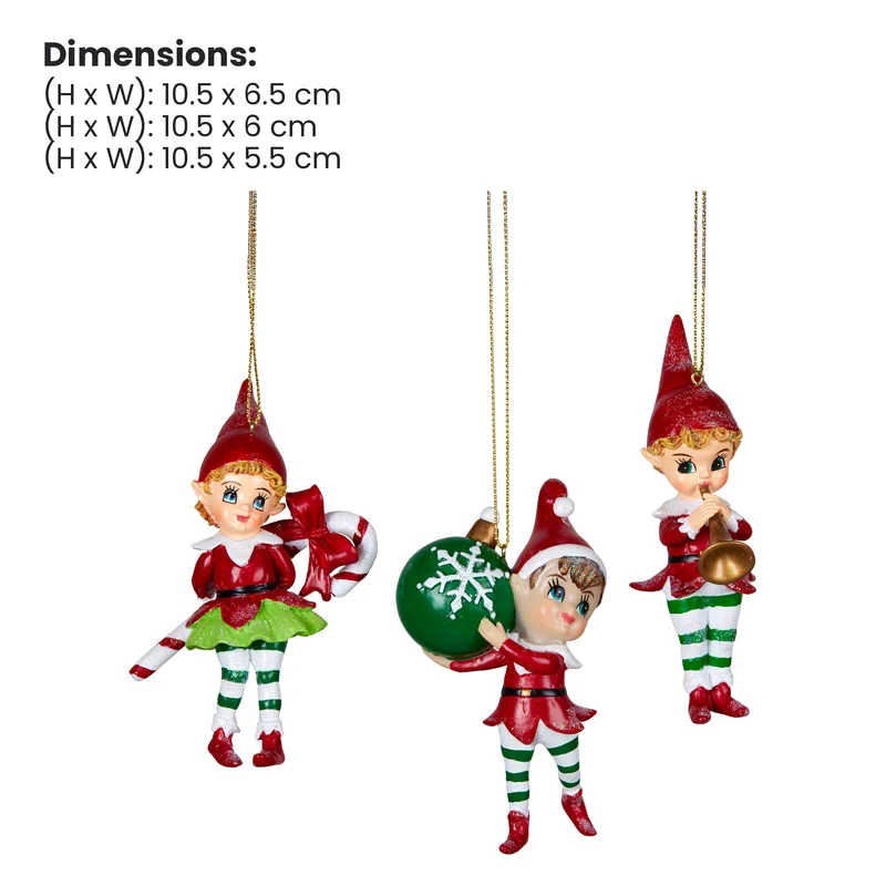 Christabelle 3 Elf Christmas Ornaments Assorted Novelty Figures 10.5cm Xmas Tree Decorations Hanging Baubles