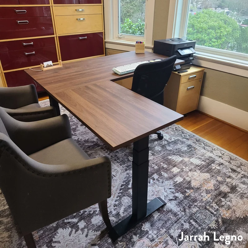 Desky Eco L-Shape Melamine Sit Stand Desk 150 x 155 cm Jarrah Legno Top and Space Grey Leg