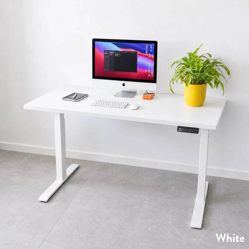 Desky Single Sit Stand Desk 200cm White Desktop and White Frame