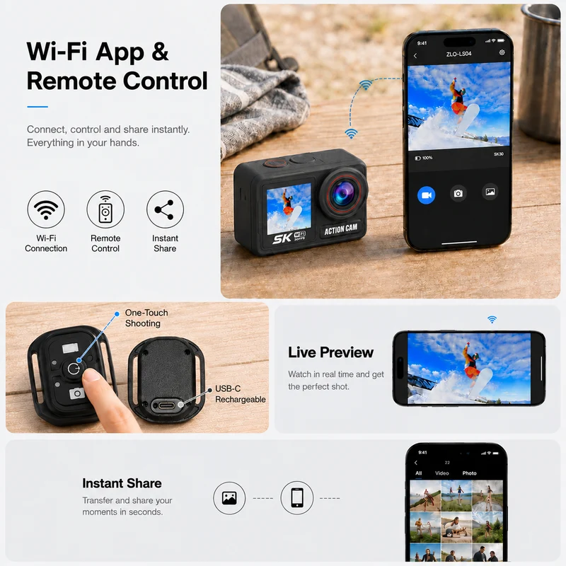 ZLOS 5K 60FPS Dual-Screen Action Camera with Wi-Fi