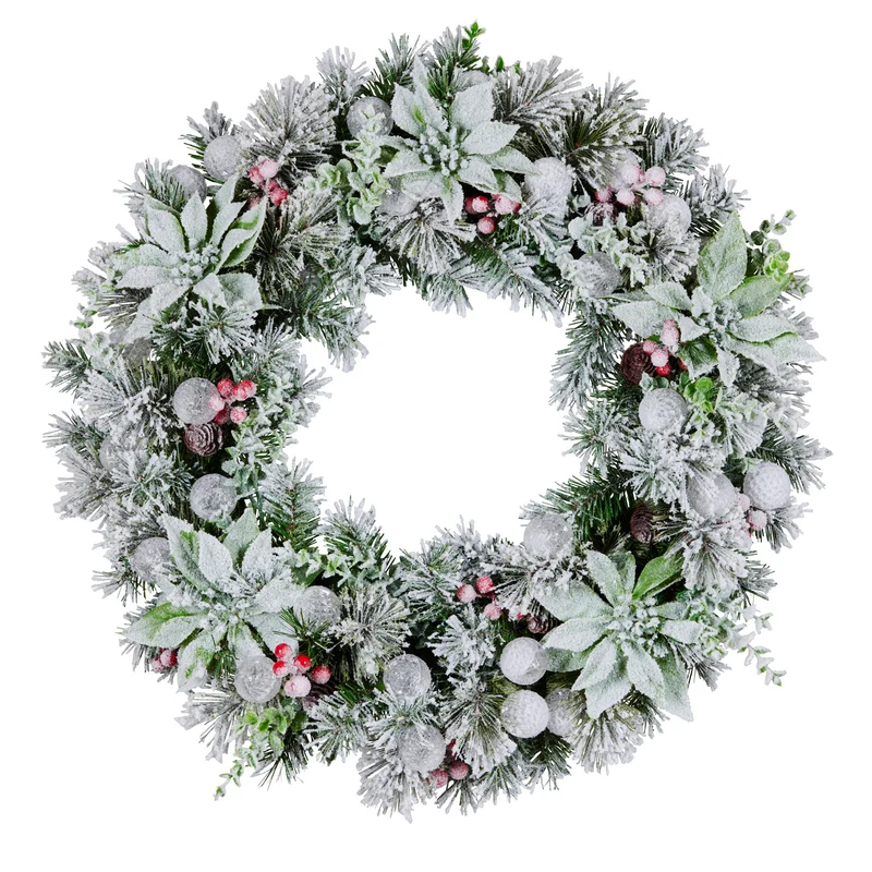 Christabelle Stunning 61cm Snowy Christmas Wreath with LED Lights Crown Pine Baubles Front Door Decoration Ornament