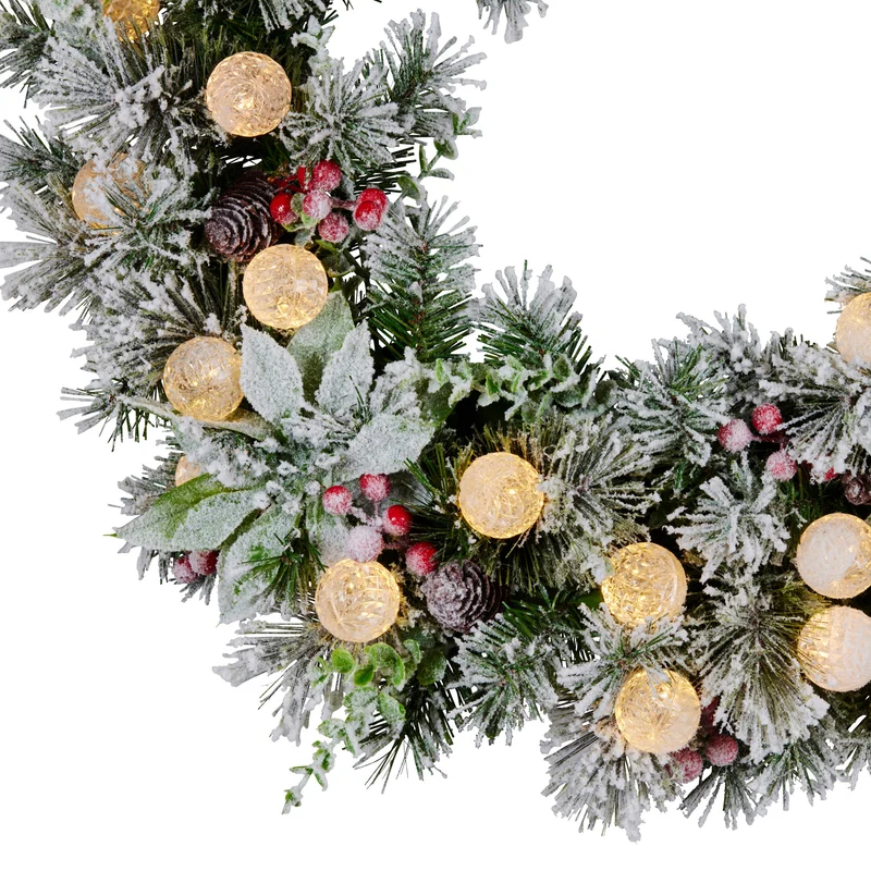 Christabelle Stunning 61cm Snowy Christmas Wreath with LED Lights Crown Pine Baubles Front Door Decoration Ornament